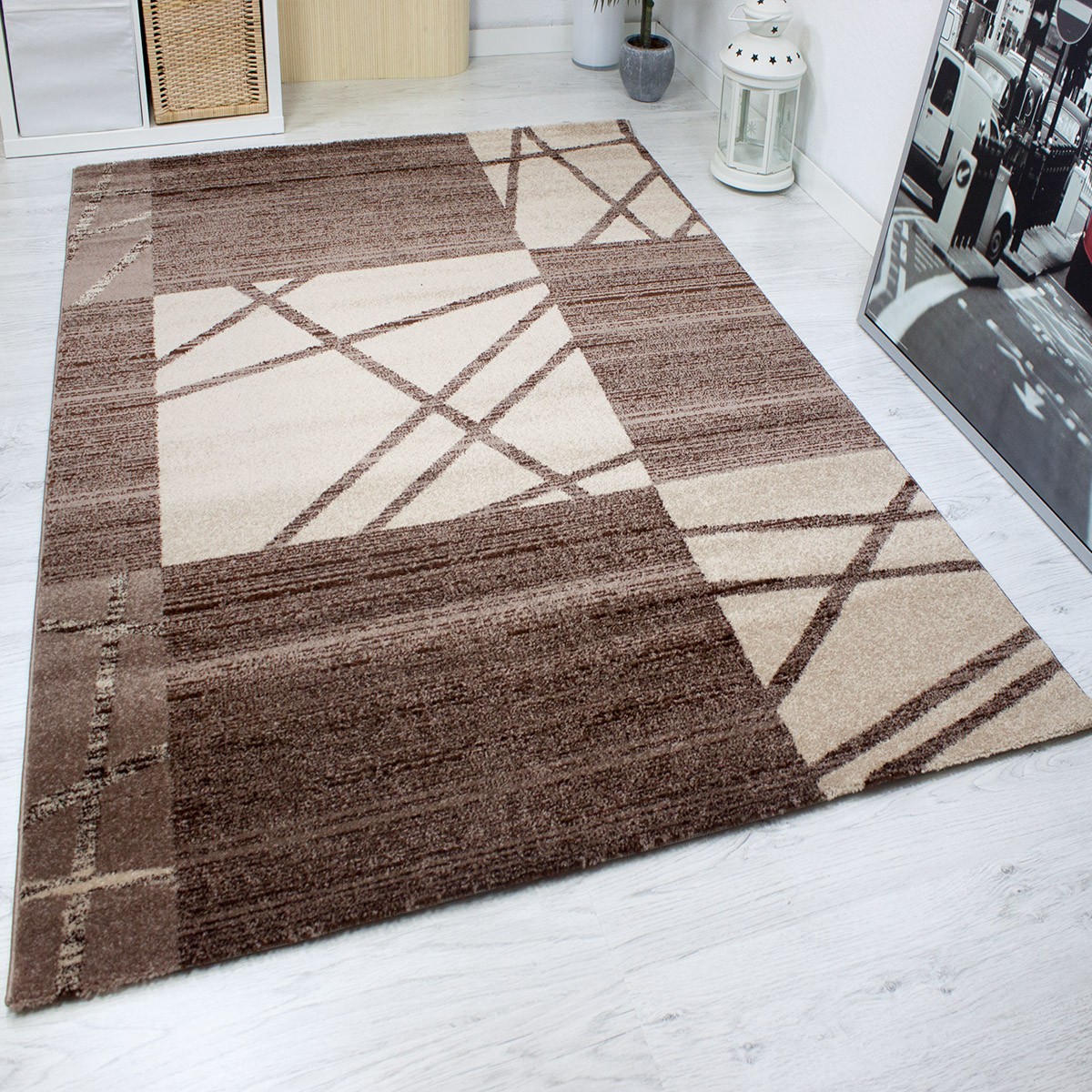 Moderner Kurzflor Designer Teppich in Braun und Bei_2